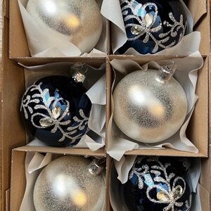 Set of 6 Vitbis Handmade Glass Ornaments Poland–Navy Blue/Silver, Vintage Inspir